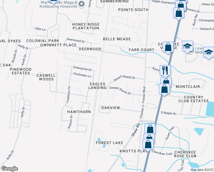 map of restaurants, bars, coffee shops, grocery stores, and more near 1096 Desert Shield Street in Hinesville