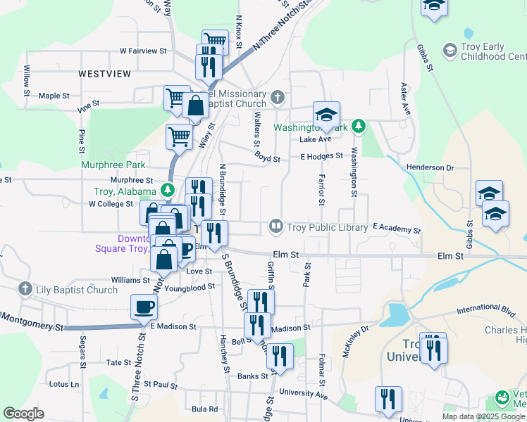 map of restaurants, bars, coffee shops, grocery stores, and more near 109 Harrison Street in Troy