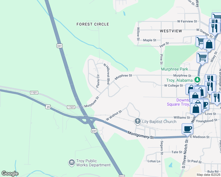 map of restaurants, bars, coffee shops, grocery stores, and more near 100 South Hillcrest Boulevard in Troy
