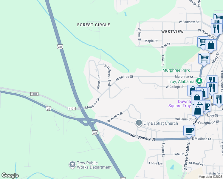 map of restaurants, bars, coffee shops, grocery stores, and more near 100-198 South Hillcrest Boulevard in Troy