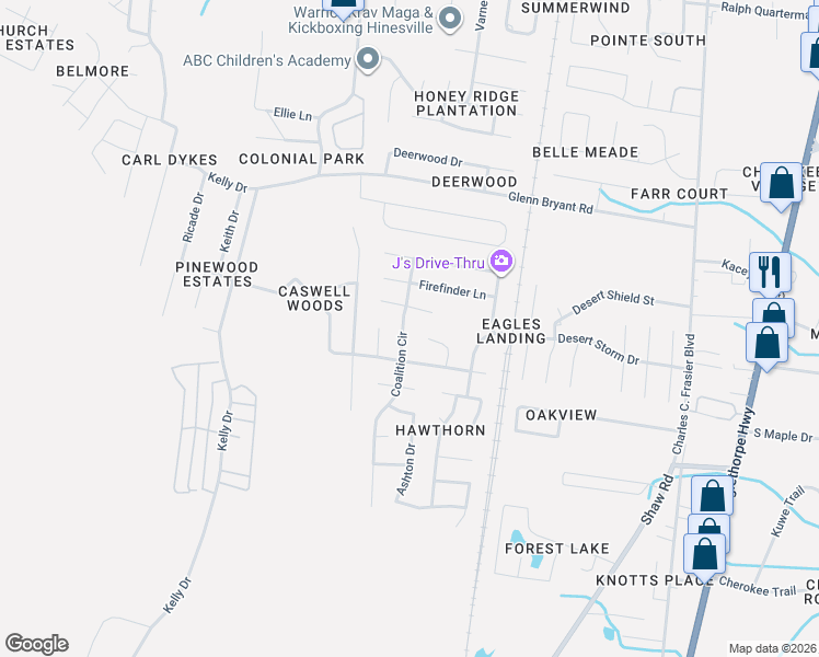 map of restaurants, bars, coffee shops, grocery stores, and more near 1448 Coalition Circle in Hinesville