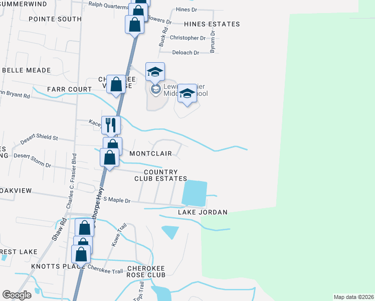 map of restaurants, bars, coffee shops, grocery stores, and more near 1136 Montclair Drive in Hinesville