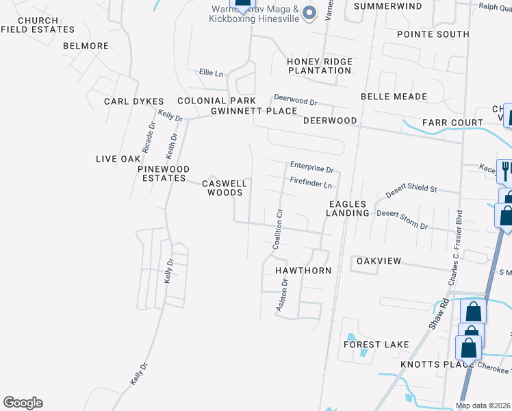 map of restaurants, bars, coffee shops, grocery stores, and more near 1457 Flo Zechman Drive in Hinesville