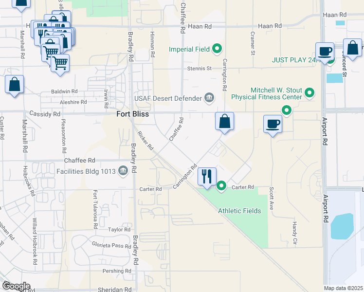 map of restaurants, bars, coffee shops, grocery stores, and more near 2410 Hinman Road in Fort Bliss