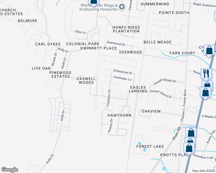 map of restaurants, bars, coffee shops, grocery stores, and more near 1451 Coalition Circle in Hinesville