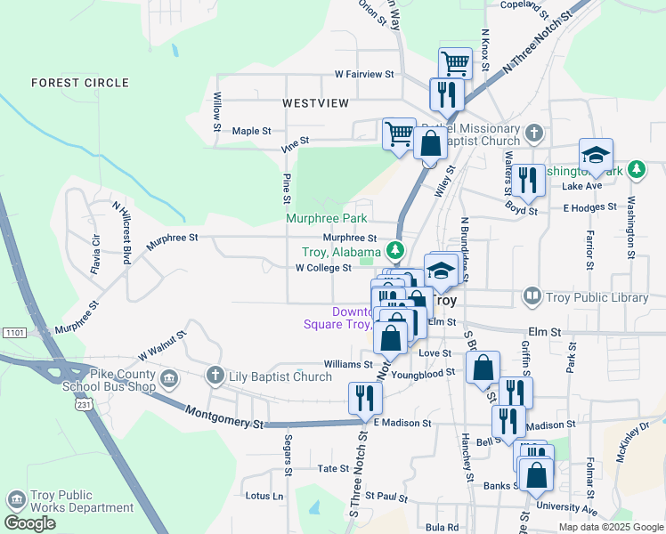 map of restaurants, bars, coffee shops, grocery stores, and more near 198 China St in Troy