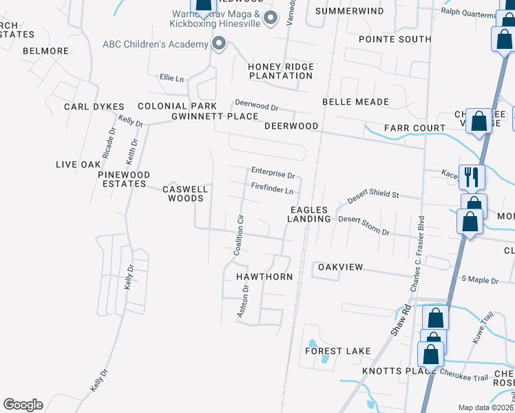 map of restaurants, bars, coffee shops, grocery stores, and more near 1456 Sheridan Point in Hinesville
