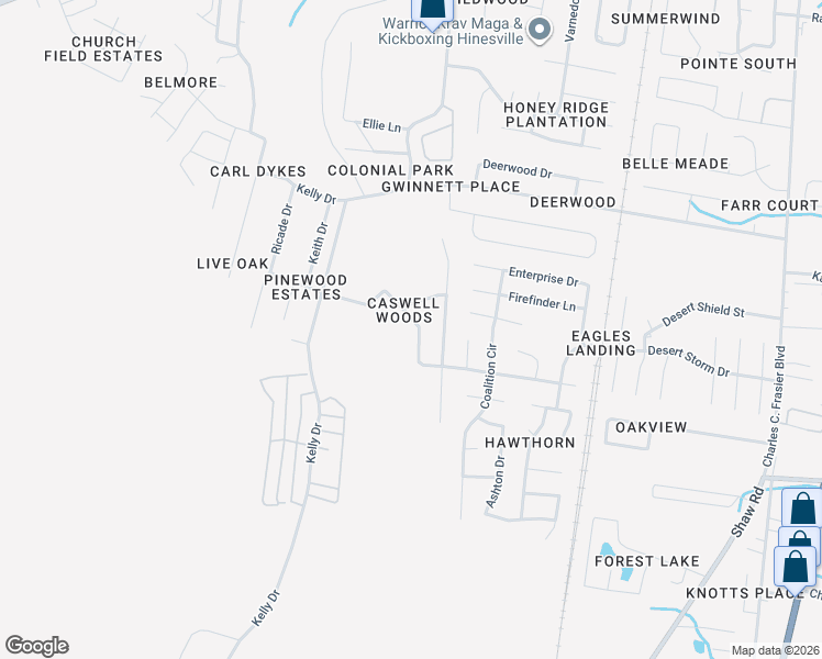 map of restaurants, bars, coffee shops, grocery stores, and more near 1476 Paul Caswell Boulevard in Hinesville