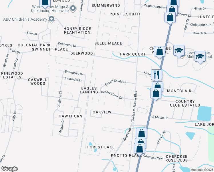 map of restaurants, bars, coffee shops, grocery stores, and more near 1088 Desert Shield Street in Hinesville
