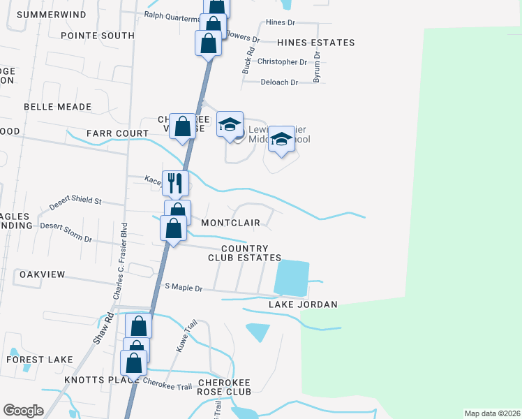 map of restaurants, bars, coffee shops, grocery stores, and more near 1129 Montclair Drive in Hinesville
