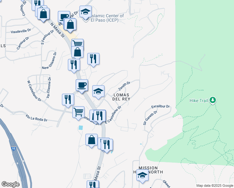 map of restaurants, bars, coffee shops, grocery stores, and more near 208 Zenith Drive in El Paso