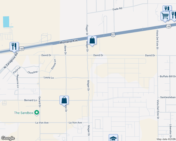 map of restaurants, bars, coffee shops, grocery stores, and more near 3735 Mager Drive in El Paso