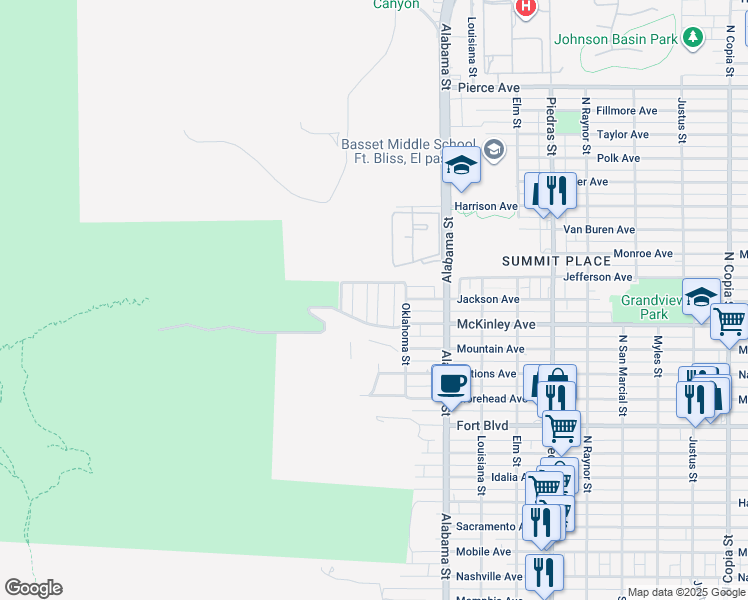 map of restaurants, bars, coffee shops, grocery stores, and more near 2435 McKinley Avenue in El Paso