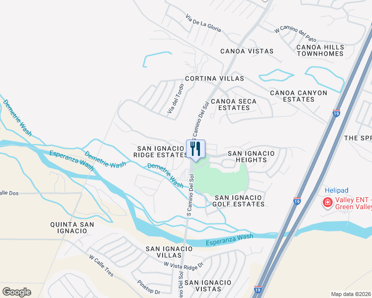 map of restaurants, bars, coffee shops, grocery stores, and more near 1815 West Placita De Agosto in Green Valley