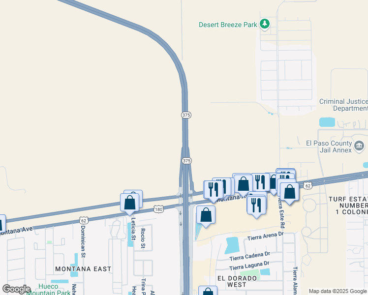 map of restaurants, bars, coffee shops, grocery stores, and more near Texas 375 Loop in El Paso