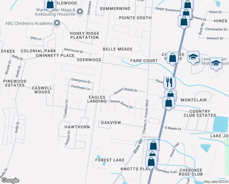 map of restaurants, bars, coffee shops, grocery stores, and more near 1088 Desert Shield Street in Hinesville