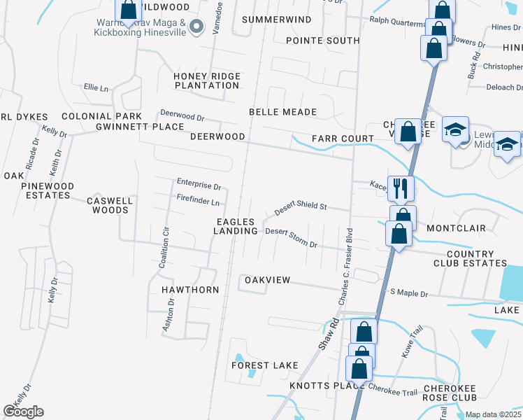 map of restaurants, bars, coffee shops, grocery stores, and more near 1055 Phantom Terrace in Hinesville