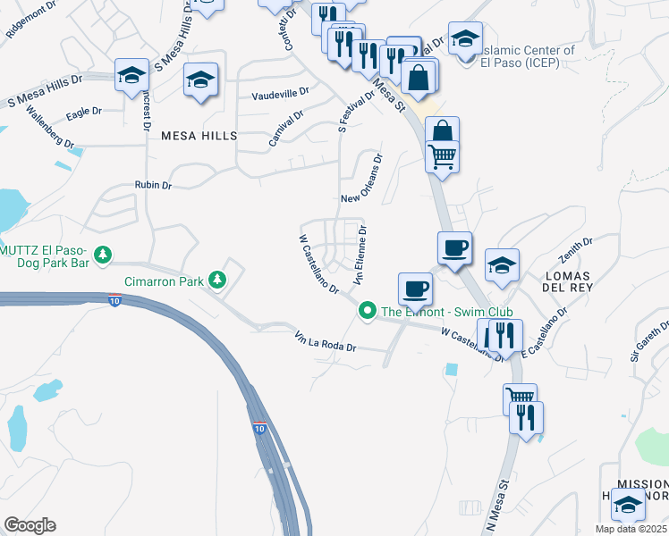 map of restaurants, bars, coffee shops, grocery stores, and more near 375 West Castellano Drive in El Paso