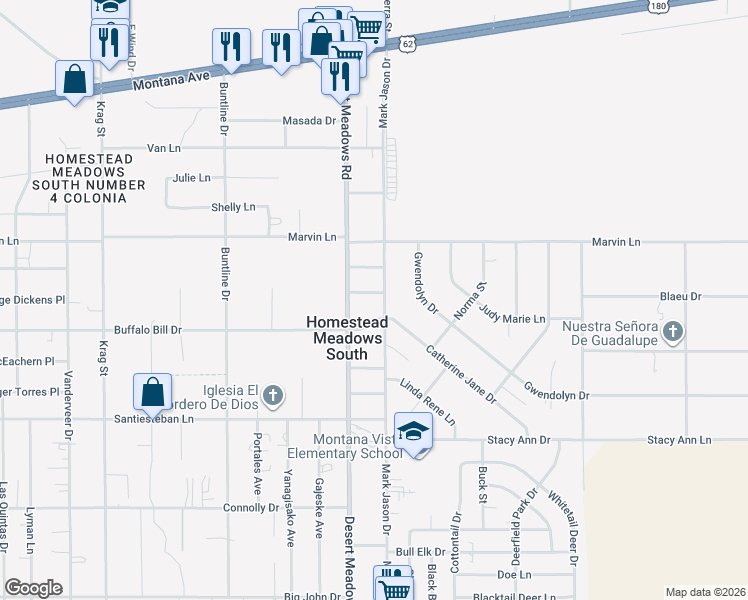 map of restaurants, bars, coffee shops, grocery stores, and more near 3810 Desert Meadows Road in El Paso