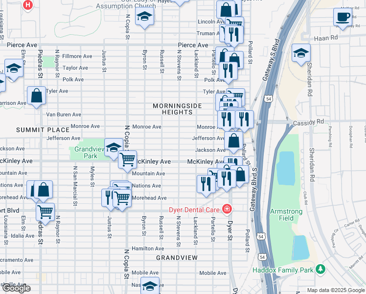 map of restaurants, bars, coffee shops, grocery stores, and more near 3705 Jackson Avenue in El Paso