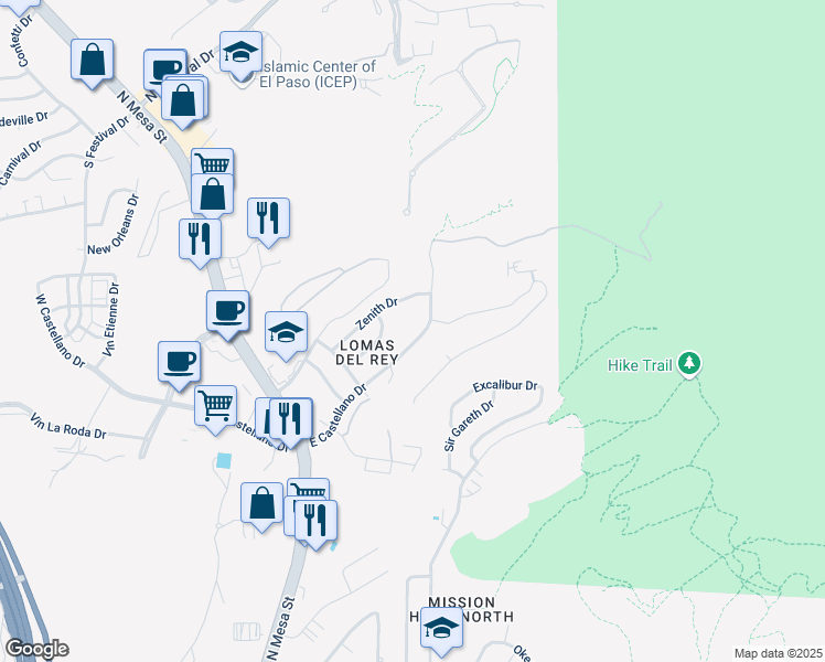 map of restaurants, bars, coffee shops, grocery stores, and more near 238 Shasta Drive in El Paso
