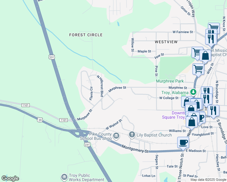 map of restaurants, bars, coffee shops, grocery stores, and more near 208 South Hillcrest Boulevard in Troy