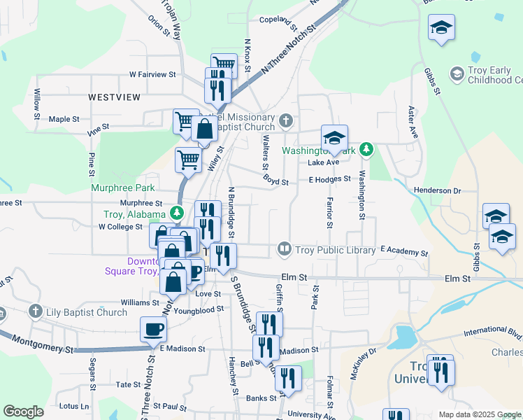 map of restaurants, bars, coffee shops, grocery stores, and more near 109-213 Harrison Street in Troy