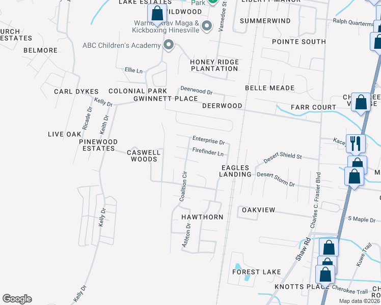 map of restaurants, bars, coffee shops, grocery stores, and more near 1456 Sheridan Point in Hinesville