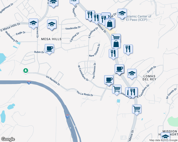 map of restaurants, bars, coffee shops, grocery stores, and more near 375 West Castellano Drive in El Paso