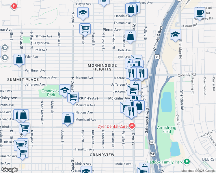 map of restaurants, bars, coffee shops, grocery stores, and more near 3705 Jackson Avenue in El Paso