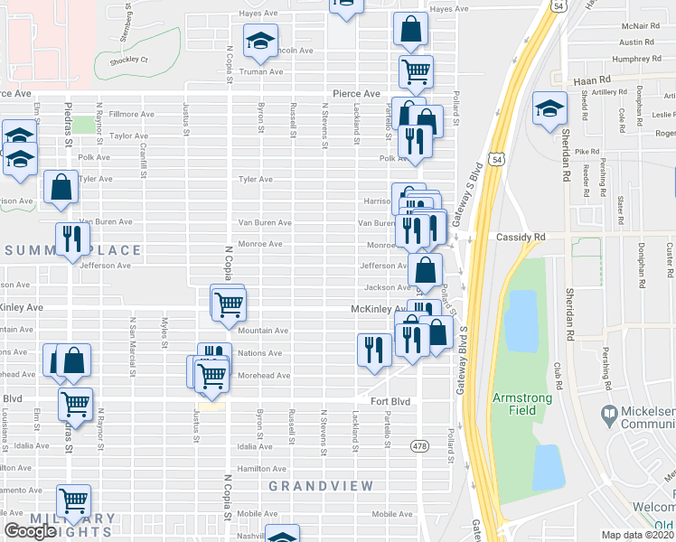 map of restaurants, bars, coffee shops, grocery stores, and more near 3705 Jackson Avenue in El Paso