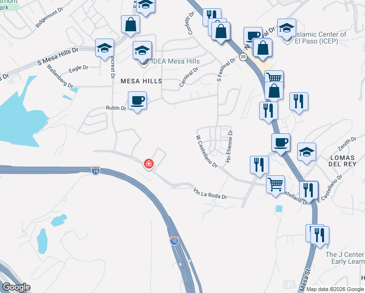 map of restaurants, bars, coffee shops, grocery stores, and more near 175 South Festival Drive in El Paso