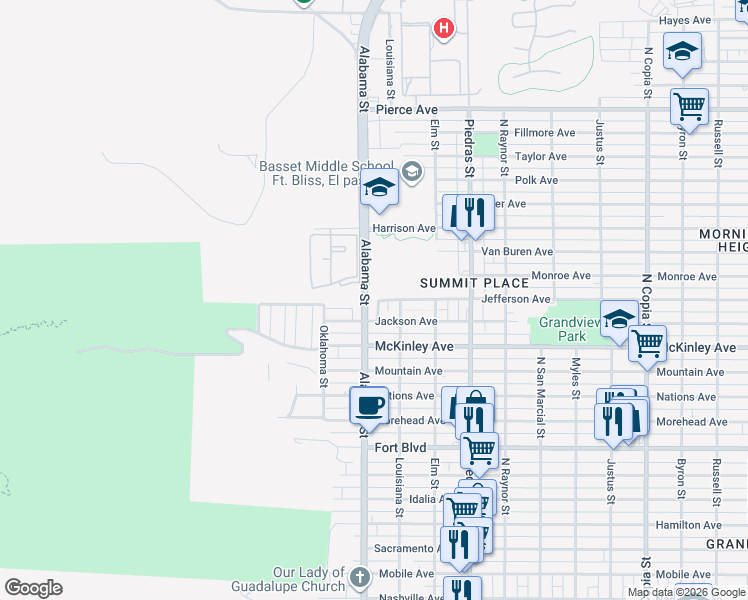 map of restaurants, bars, coffee shops, grocery stores, and more near 2605 Jefferson Avenue in El Paso