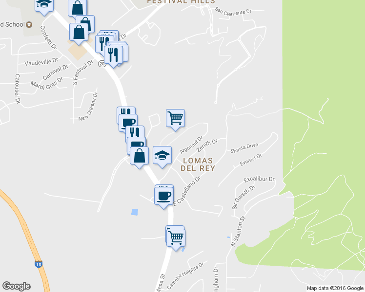 map of restaurants, bars, coffee shops, grocery stores, and more near 213 Argonaut Drive in El Paso