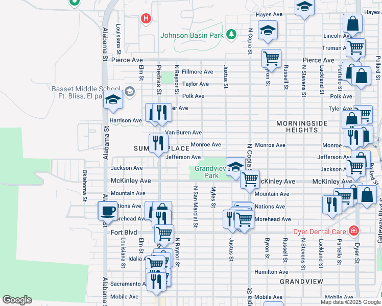 map of restaurants, bars, coffee shops, grocery stores, and more near 3040 Monroe Avenue in El Paso