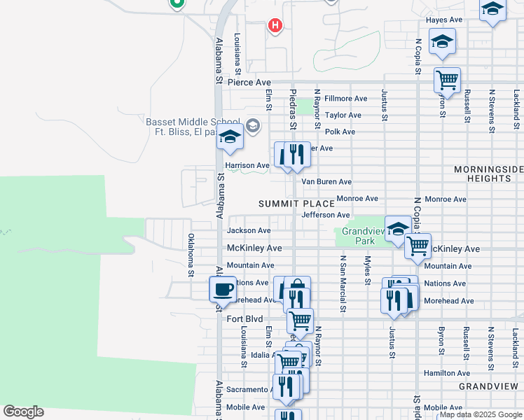 map of restaurants, bars, coffee shops, grocery stores, and more near 2701 Jefferson Avenue in El Paso