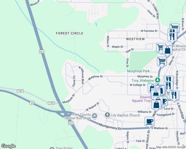 map of restaurants, bars, coffee shops, grocery stores, and more near 601 Murphree Street in Troy
