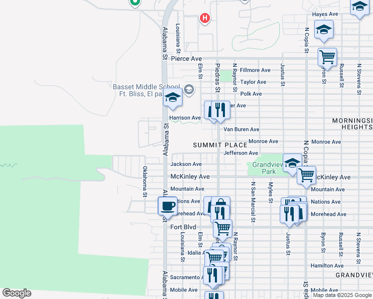 map of restaurants, bars, coffee shops, grocery stores, and more near 2701 Jefferson Avenue in El Paso