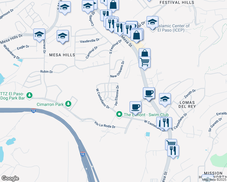 map of restaurants, bars, coffee shops, grocery stores, and more near 324 Vin Marbella Drive in El Paso