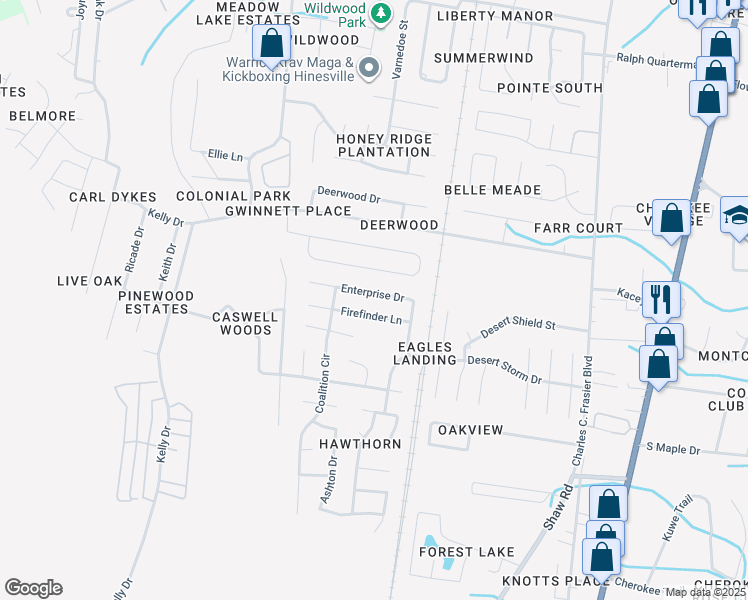 map of restaurants, bars, coffee shops, grocery stores, and more near 1452 Enterprise Drive in Hinesville