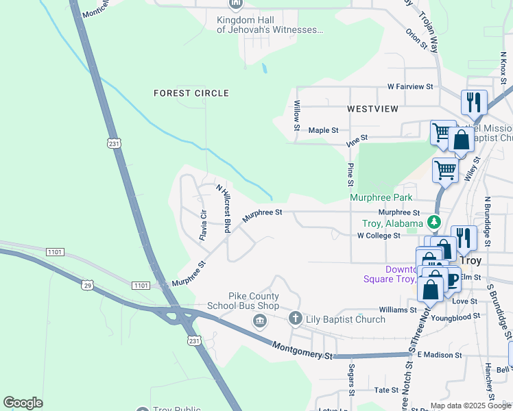 map of restaurants, bars, coffee shops, grocery stores, and more near 601 Murphree Street in Troy