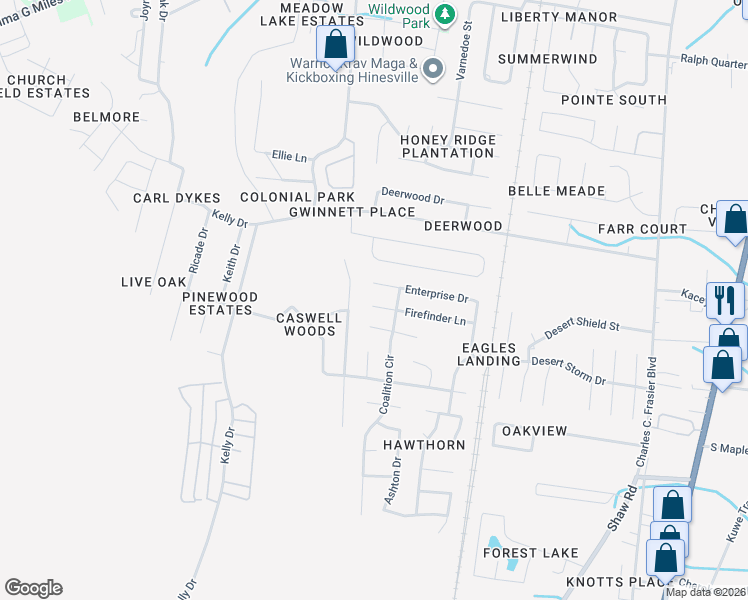 map of restaurants, bars, coffee shops, grocery stores, and more near 1456 Blackhawk Hollow in Hinesville