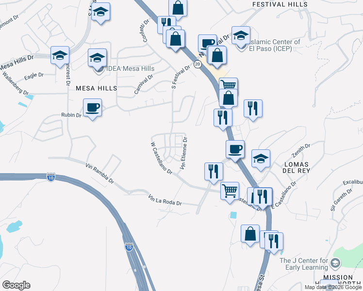 map of restaurants, bars, coffee shops, grocery stores, and more near 324 Vin Marbella Drive in El Paso