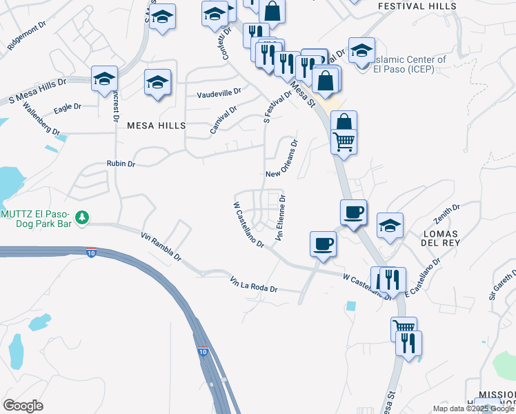 map of restaurants, bars, coffee shops, grocery stores, and more near 416 South Festival Drive in El Paso