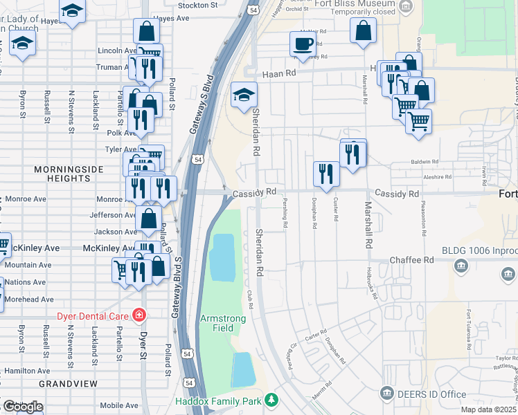 map of restaurants, bars, coffee shops, grocery stores, and more near Sheridan Road in El Paso