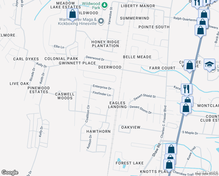 map of restaurants, bars, coffee shops, grocery stores, and more near 1447 Enterprise Drive in Hinesville