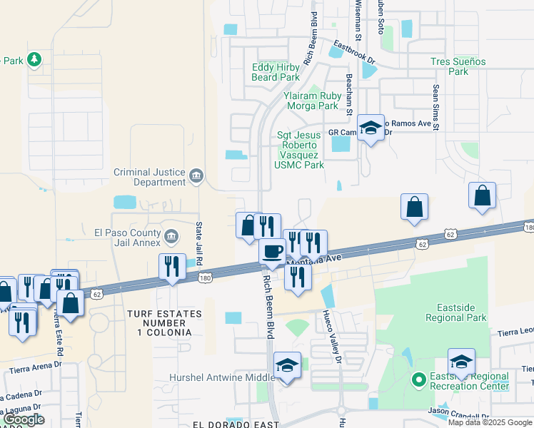 map of restaurants, bars, coffee shops, grocery stores, and more near 4470 Rich Beem Boulevard in El Paso