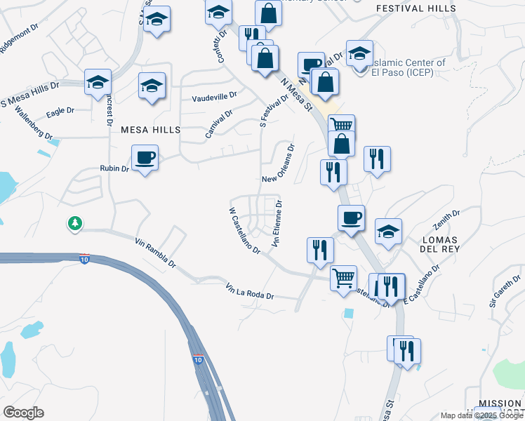 map of restaurants, bars, coffee shops, grocery stores, and more near 416 South Festival Drive in El Paso