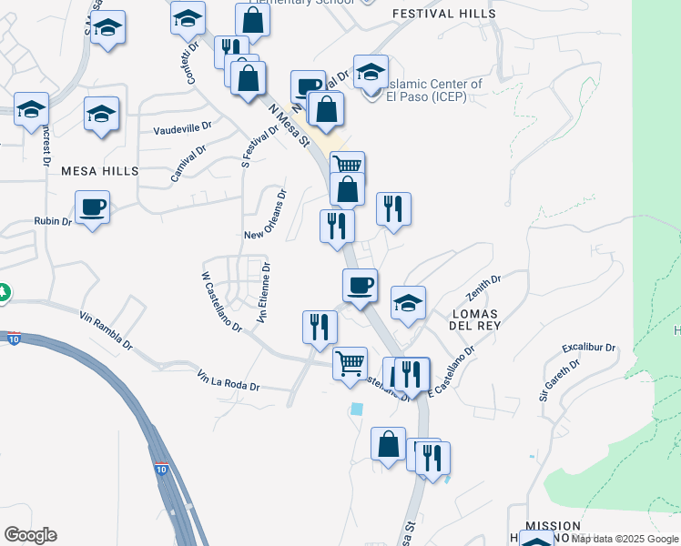 map of restaurants, bars, coffee shops, grocery stores, and more near 5001 North Mesa Street in El Paso