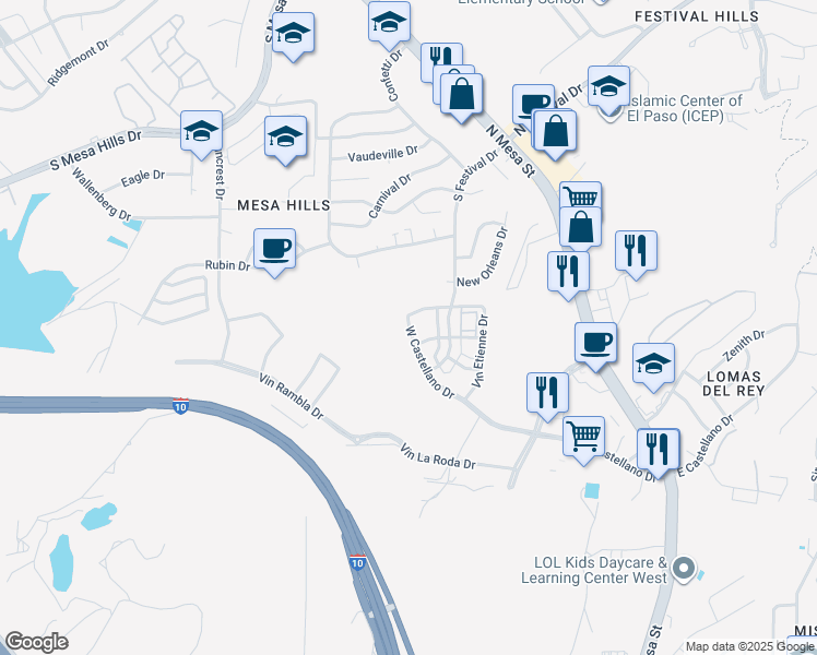 map of restaurants, bars, coffee shops, grocery stores, and more near 451 Vin Etienne Drive in El Paso
